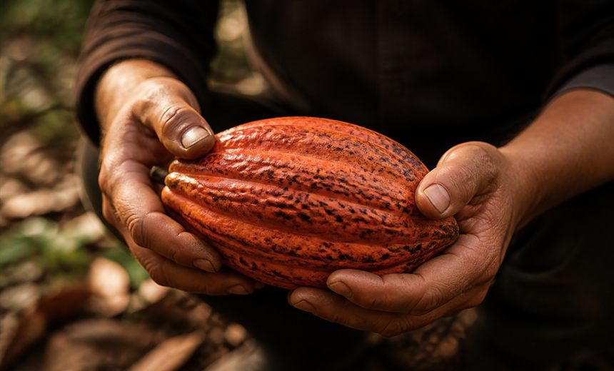 Mãos segurando uma fruta de cacau madura